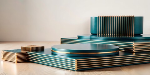 A variety of blue and gold objects arranged on a wooden surface