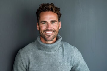 Wall Mural - Portrait of a cheerful man in his 30s showing off a thermal merino wool top on soft gray background
