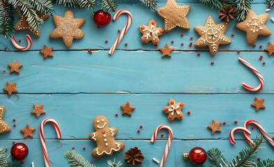 Sticker - Christmas Gingerbread Cookies Garland on Blue Wood