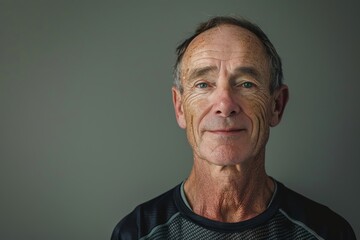 Wall Mural - Portrait of a satisfied caucasian man in his 50s sporting a breathable mesh jersey over soft gray background
