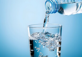 Poster - Water Bottle Pouring into Glass on Blue Background