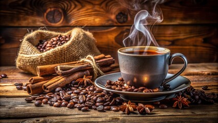 Wall Mural - A warm, inviting, and meticulously arranged still life featuring a steaming cup of rich, aromatic coffee on a rustic wooden table.