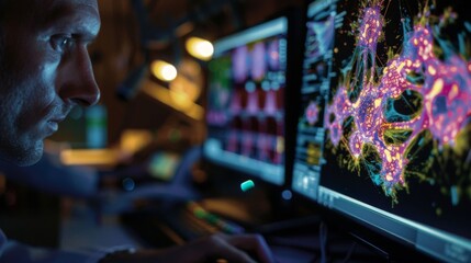 A man is looking at a computer screen with two monitors