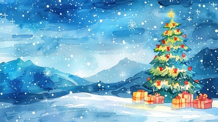 Wall Mural - Watercolor Christmas Landscape: Festive Winter Scene with Christmas Tree, Snowy Mountains, and Holiday Decorations