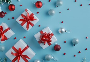 Poster - Festive Christmas Gift Boxes with Red Ribbons and Silver Balls