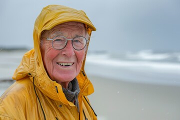 Wall Mural - Portrait of a merry caucasian elderly man in his 90s wearing a lightweight packable anorak while standing against sandy beach background