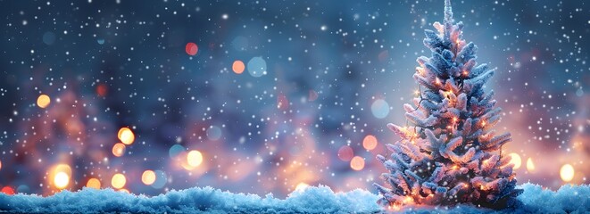 Poster - Snowy Fir Tree with Bokeh Lights Winter Background