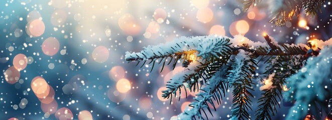 Poster - Snowy Fir Tree Branch with Glowing Lights