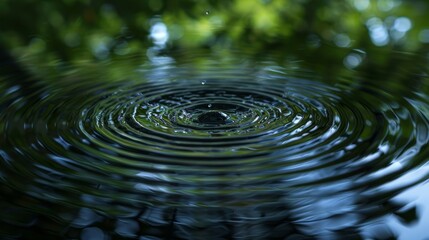 Wall Mural - A close-up of circular raindrops creating ripples on a calm pond, with each ripple forming a series of concentric circles on the water's surface.