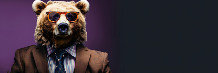 Sticker - Cool looking bear wearing funky fashion dress - jacket, shirt, tie, dark shades sunglasses. Wide banner with copy space side. Stylish animal posing. 