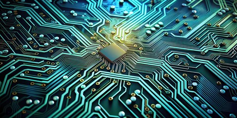 Poster - Electronic circuit board with intricate network of pathways and components, technology, computer, engineering