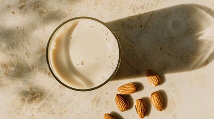 Wall Mural - A plain glass of almond milk with a few almonds beside it, placed on a clean, light surface