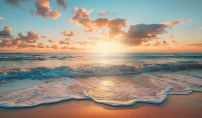Wall Mural - beautiful sunset over the ocean with sand and waves on the beach, landscape photography, scenic