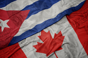 Wall Mural - waving colorful flag of cuba and national flag of canada on the dollar money background. finance concept.