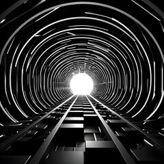 Wall Mural - black and white tunnel structure representing data and communication in abstract geometry