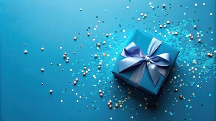 Canvas Print - Blue gift box with satin bow surrounded by falling confetti on blue background, gift, box, blue, satin, bow, confetti