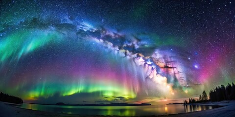 Poster - A stunning image of the aurora borealis illuminating the Milky Way galaxy in a mesmerizing display , aurora, borealis