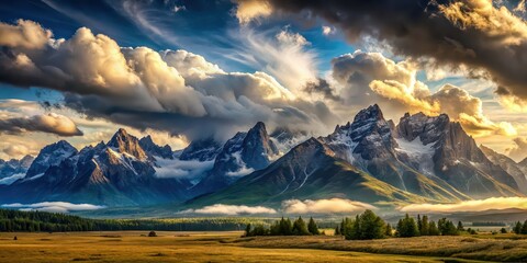 Poster - Majestic landscape with towering mountains and billowing clouds, nature, scenery, sky, majestic, mountains, clouds