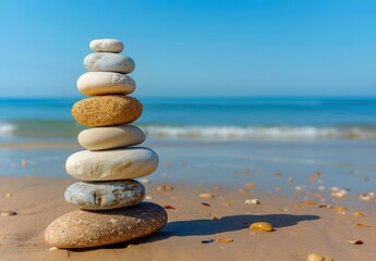 Wall Mural - Balanced Stones on Sandy Beach, Summer Harmony