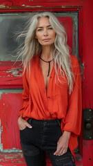 Woman with gray hair posing in front of a red door