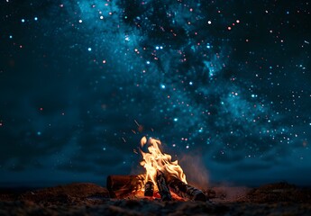 Poster - Campfire Under Starry Night Sky Landscape Photography