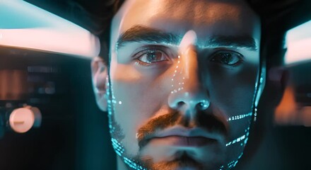 Canvas Print - A man's face is shown in a computer screen with a blue and orange background. Concept of technology and artificial intelligence, as the man's face is displayed in a digital format