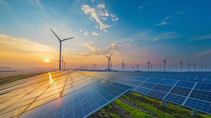 Poster - A sunset power plant with solar panels and a turbine. Clean energy, eco-friendly, green energy, love nature, eco energy concept.