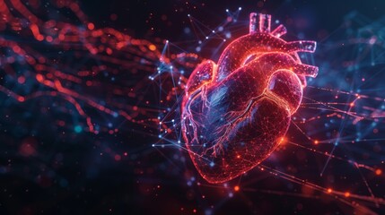 Aufkleber - This is an abstract diagram of a heartbeat or cardiogram on a dark background using lines, dots, and polygons. It is designed in the form of a futuristic wireframe curve of a cardiology rhythm that