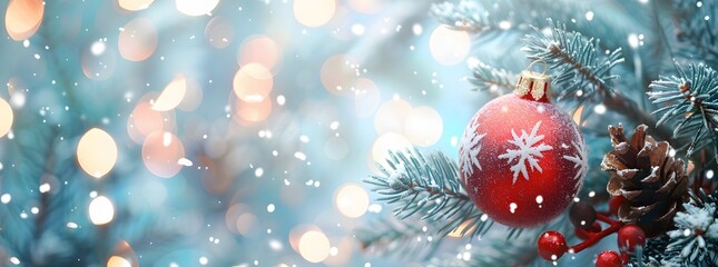 Red Christmas Ornament on Snowy Spruce Tree