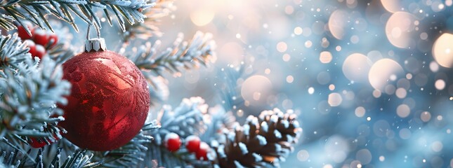 Poster - Red Christmas Ornament on Snowy Spruce Branch