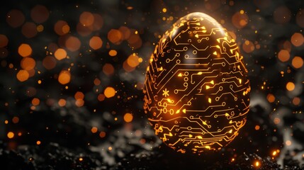 Fototapete - In this techy futuristic style greeting card, a glowing digital illustration of a 3D egg resembles a circuit board.