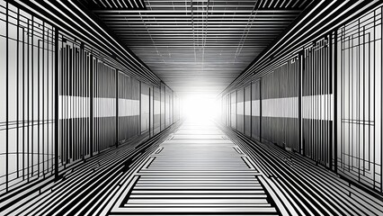 Wall Mural - black and white tunnel structure representing data and communication in abstract geometry