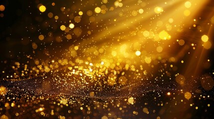 Poster - Warm yellow light on black background with sun rays on a yellow background. Sunbeams, sunrays, sunshines on a black background with star dust.