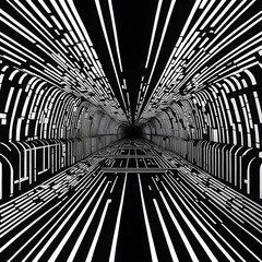 Wall Mural - black and white tunnel structure representing data and communication in abstract geometry