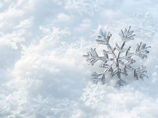 Sticker - Silver Snowflake on Snowy Background with Space for Text