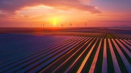 Poster - Solar panels and wind turbines under a blue sky at sunset. Sustainable, eco-friendly, Earth Day, green energy, love nature, eco energy concept.