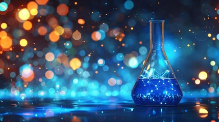 Fototapete - 3D modern polygonal illustration of chemistry lab flask with chemical liquid. Science beaker with chemical formula on dark background. Digital laboratory tube. Science and lab concept.