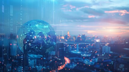 Aufkleber - Wireless telecommunication network. Modern cityscape background...