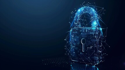 Leinwandbilder - An illustration of a cyber safety padlock on a data mass with a low polygonal future innovation technology network business concept.