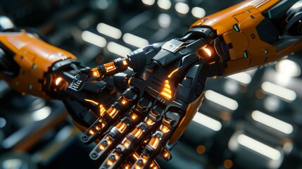 Poster - Automation and technology are the future of factories and manufacturing plants in the future. Robotics and automation control manipulator arms. Abstract holographic display. Industry 4.0.