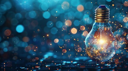 Leinwandbilder - Concept of OOAI business model with glowing blue light bulb on a cogwheel. Low poly style design. Geometric background. Wireframe light connection structure. Modern 3D graphic. Vector.