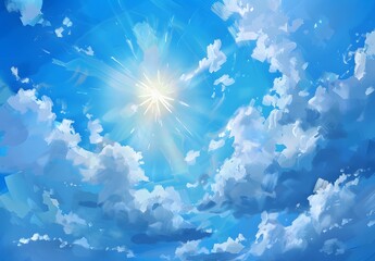 Wall Mural - Blue Sky with White Clouds and Sun