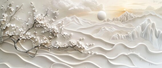Aufkleber - Trees and flowers in a modern Japanese pattern on a natural background.