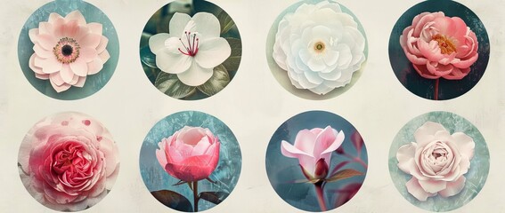 Aufkleber - Logo design with flowers icons in Japanese style and grunge textures. Vintage floral pattern.