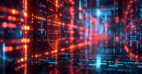 Aufkleber - Against a background of big data, neon shields. Encryption to protect information. 3D artwork of Cyber Security Privacy Business. Data protection Cyber Security Privacy Business.