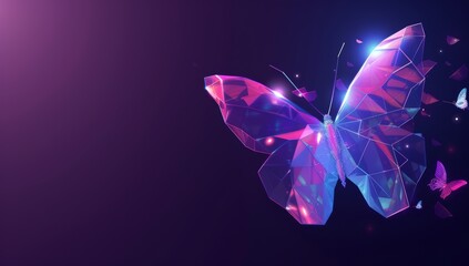 Poster - In this 3D render, we see a digital butterfly in a futuristic polygonal style against a blue background.