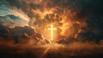 Poster - From behind a dark stormy sky, the sun and direct sunlight can be seen through black clouds and sparklers. 3D rendering.