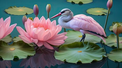 Poster - pink heron in the water