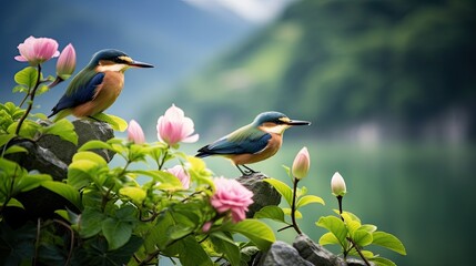 Wall Mural - Two small birds sitting on lotus flowers