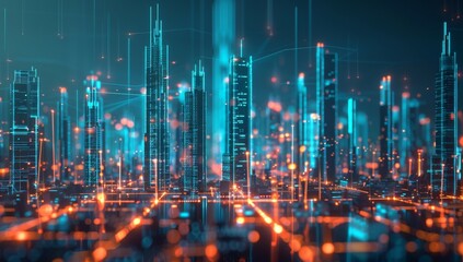 Fototapete - Conceptual image of a smart city with big data. Blue neon colors. Concept of connection technology metaverse. Night city banners with big data. 3D images.